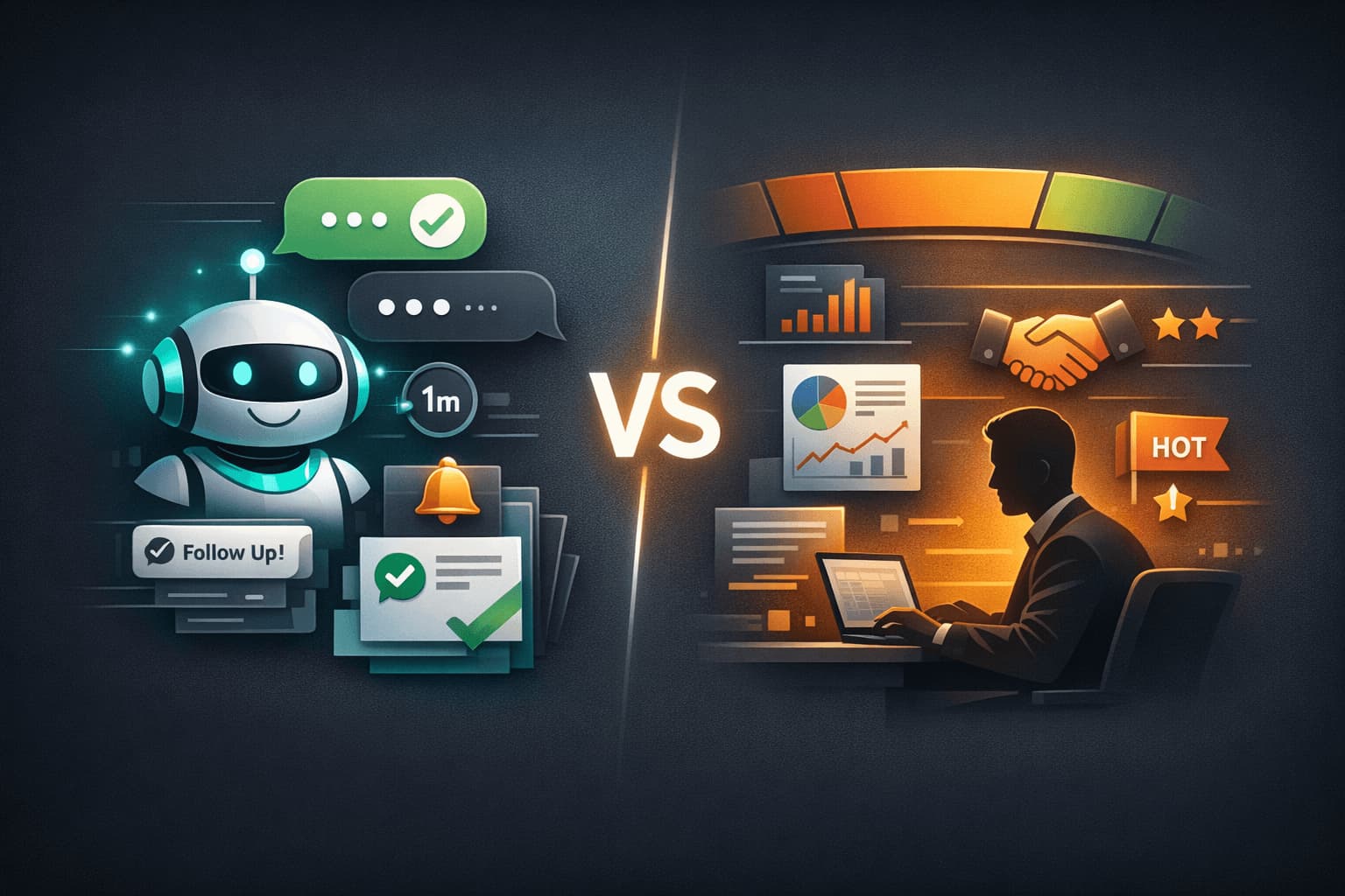 Interface de WhatsApp Business com elementos de IA, cards de atendimento e indicadores de operação comercial em um painel escuro minimalista