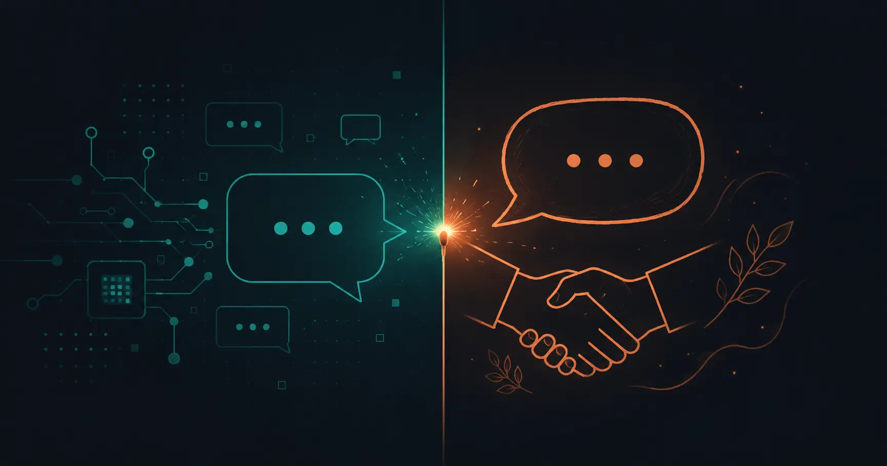 Linha divisória entre um lado automatizado por IA e um lado humano em uma conversa de WhatsApp, painel escuro minimalista com acentos teal e laranja